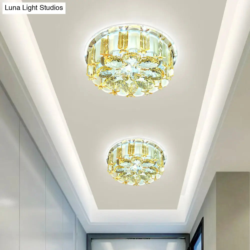 Modern Led Flush Mount Ceiling Light With Amber Crystal Flower Design