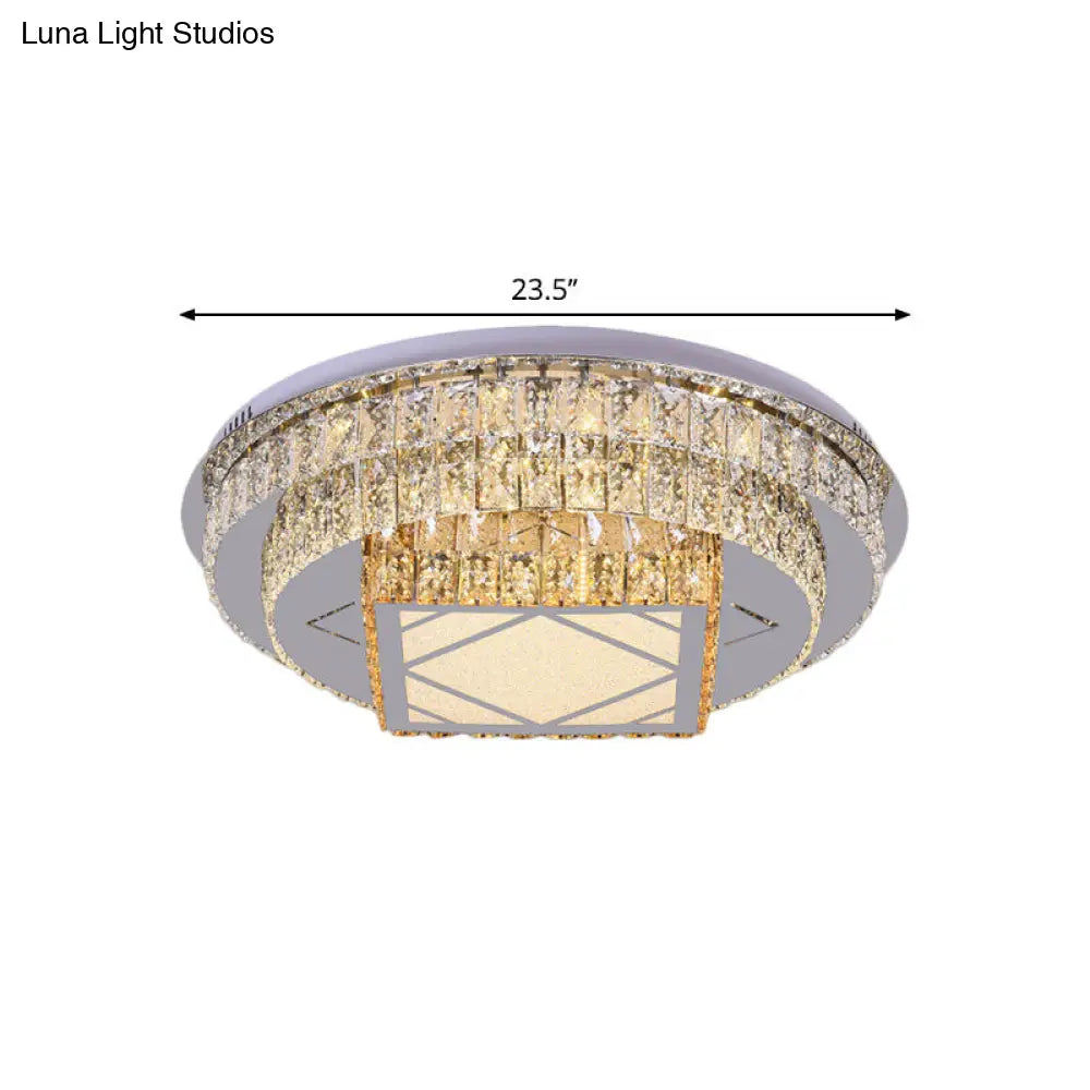 Modern Led Flush Mount Ceiling Light With Clear Cut Crystals And Stainless-Steel Design