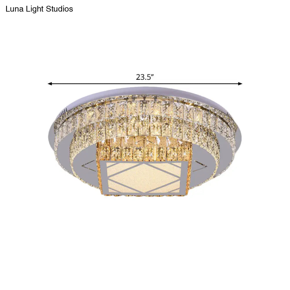 Modern Led Flush Mount Ceiling Light With Clear Cut Crystals And Stainless - Steel Design
