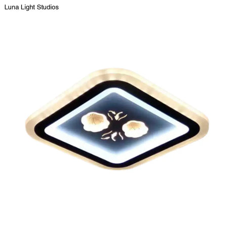 Modern Led Flush Mount Fixture: Black Square/Round Acrylic Lamp With Flower Pattern - Ideal For