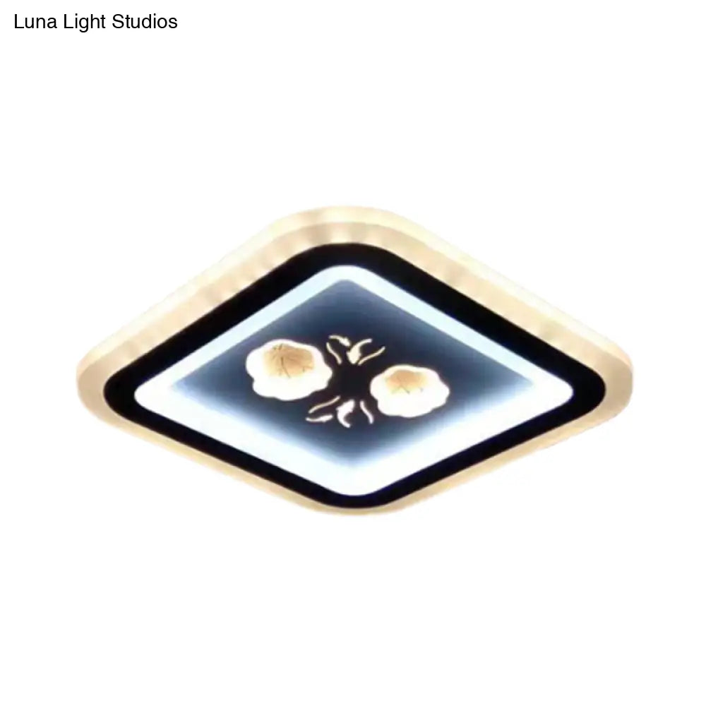Modern Led Flush Mount Fixture: Black Square/Round Acrylic Lamp With Flower Pattern - Ideal For