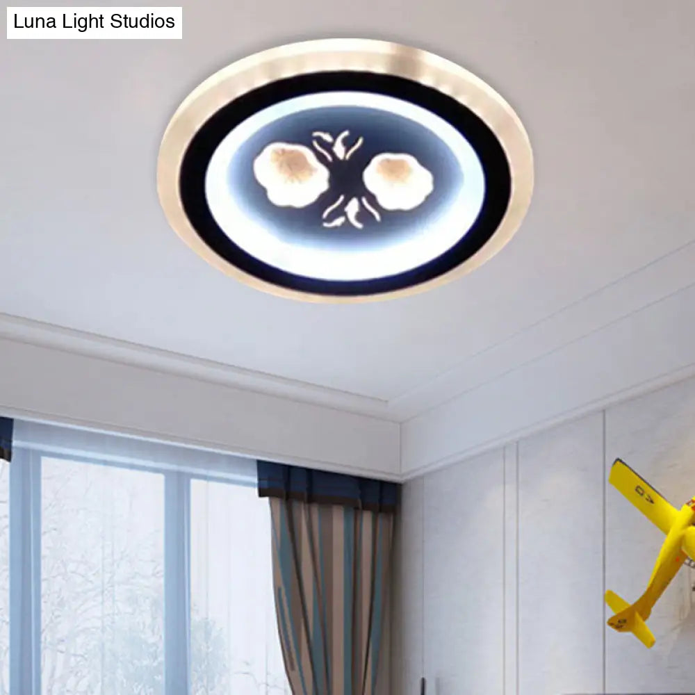 Modern Led Flush Mount Fixture: Black Square/Round Acrylic Lamp With Flower Pattern - Ideal For