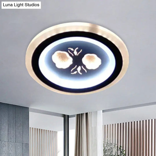 Modern Led Flush Mount Fixture: Black Square/Round Acrylic Lamp With Flower Pattern - Ideal For