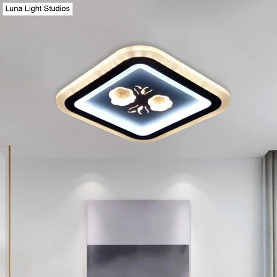 Modern Led Flush Mount Fixture: Black Square/Round Acrylic Lamp With Flower Pattern - Ideal For