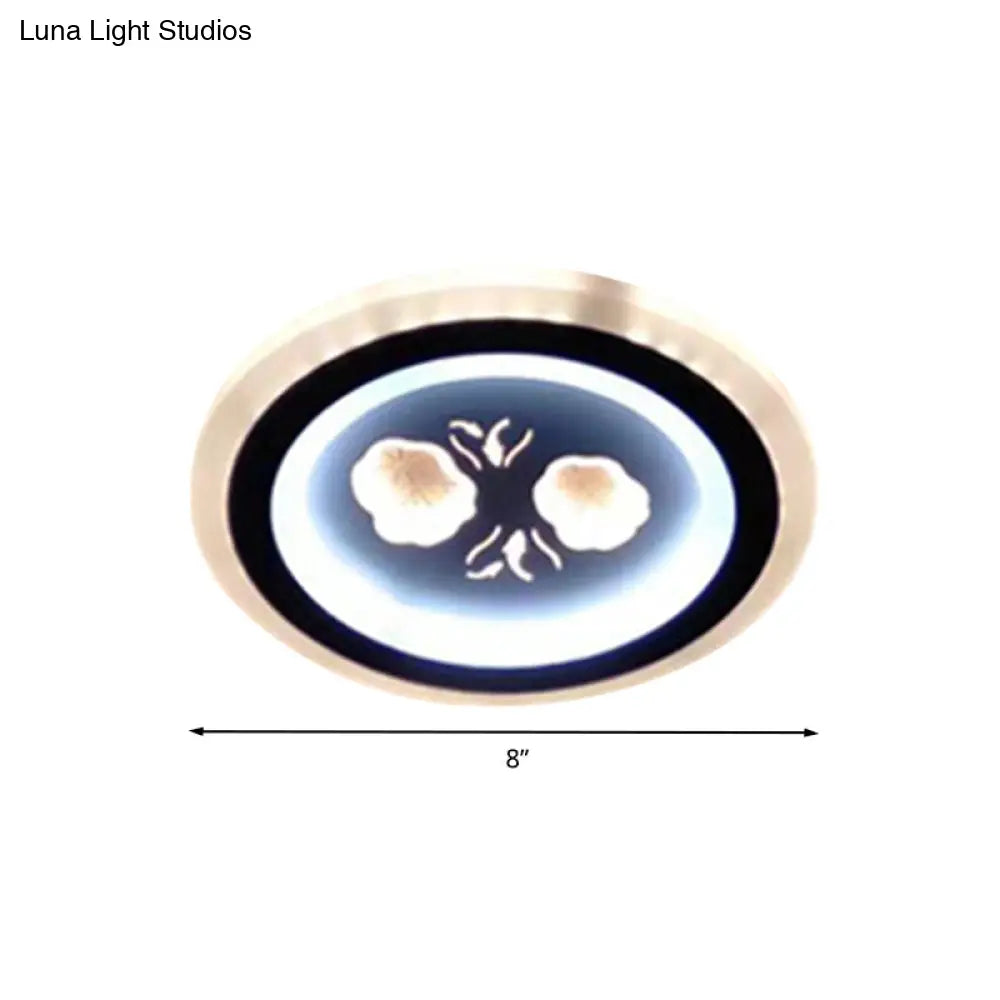 Modern Led Flush Mount Fixture: Black Square/Round Acrylic Lamp With Flower Pattern - Ideal For