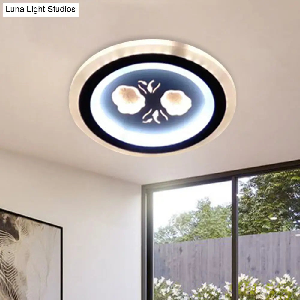 Modern Led Flush Mount Fixture: Black Square/Round Acrylic Lamp With Flower Pattern - Ideal For