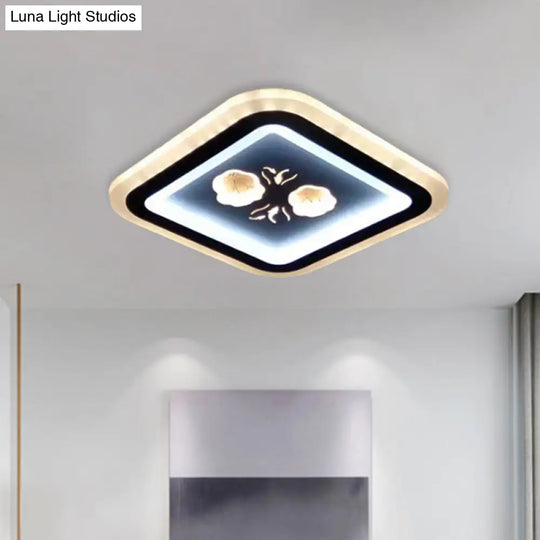Modern Led Flush Mount Fixture: Black Square/Round Acrylic Lamp With Flower Pattern - Ideal For
