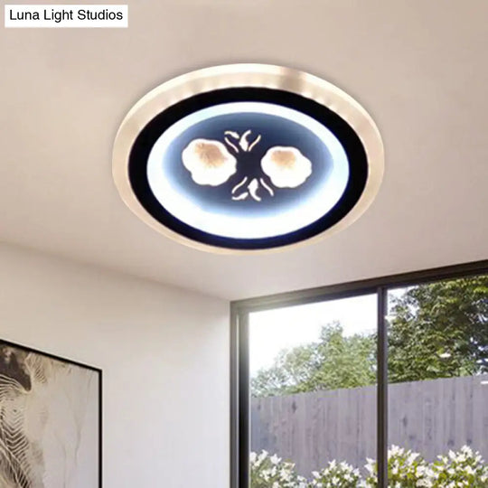 Modern Led Flush Mount Fixture: Black Square/Round Acrylic Lamp With Flower Pattern - Ideal For