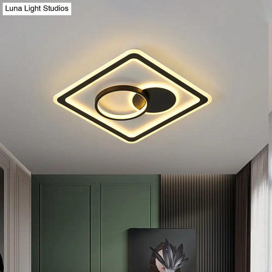 Modern Led Flush Mount Lamp In Black - Round/Square Hotel Ceiling Fixture Aluminum Design With
