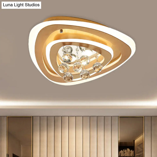 Modern Led Gold Flush Mount Lamp With Crystal Shade - Triangle/Round/Loving Heart Design