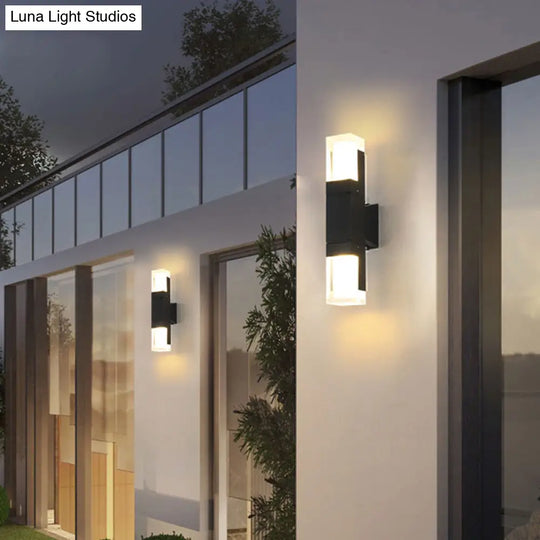 Modern Led Outdoor Wall Light In Black - Rectangle Shape With Acrylic Sconce Fixture