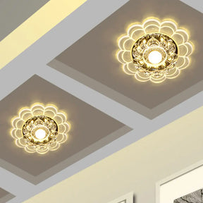 Modern Led Porch Ceiling Flush Mount Light Fixture With Clear Crystal Blossom Design + Ruffle Edge