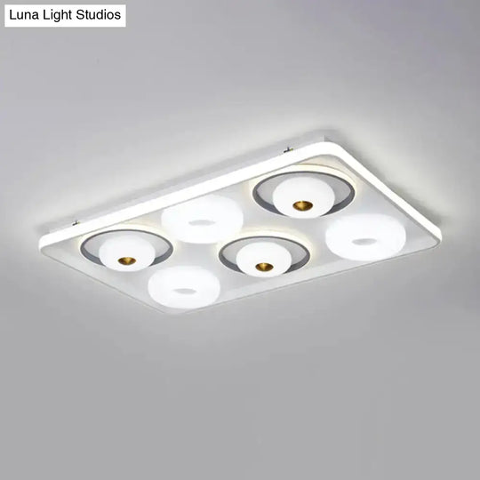 Modern Led Square/Rectangle Flush Mount Ceiling Lamp With Acrylic White Finish And Donut Design