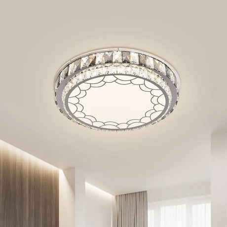 Modern Led Stainless-Steel Flushmount Light Fixture With Clear Faceted Crystal Blocks And