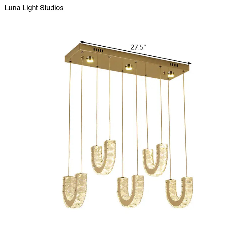Modern Led U-Shape Pendant Lamp With Clear Crystals And Stainless Steel Finish
