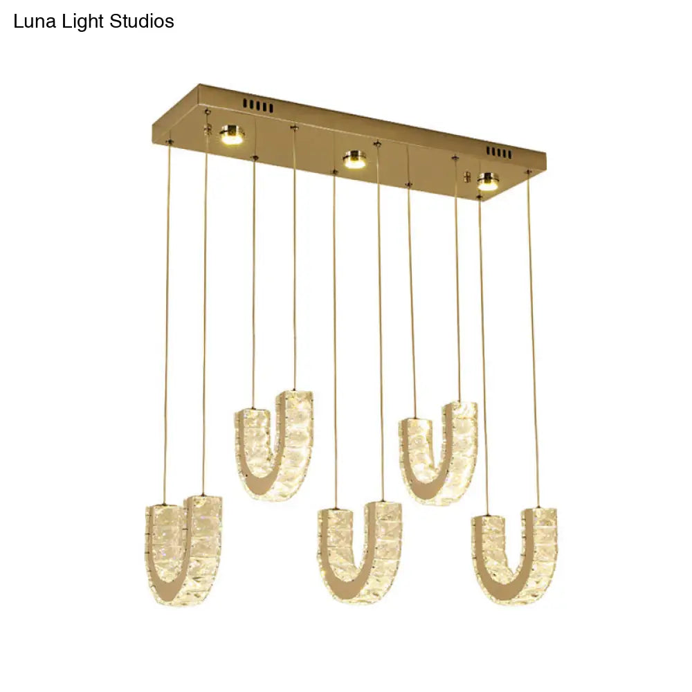 Led U-Shape Pendant Lamp With Modern Stainless-Steel Finish And Clear Rectangular-Cut Crystals