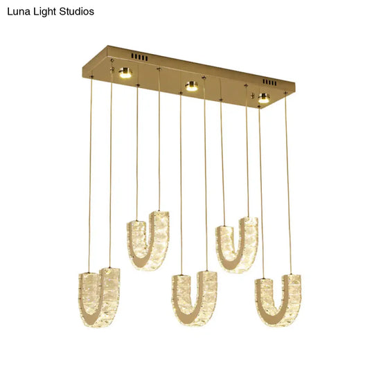 Modern Led U-Shape Pendant Lamp With Clear Crystals And Stainless Steel Finish