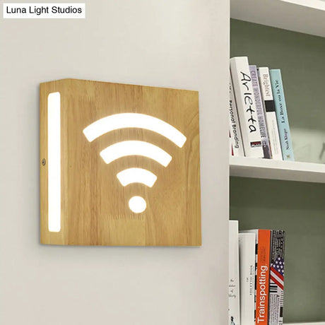 Modern Led Wood Square Wall Sconce: Beige Bedside Light With Cute Pattern