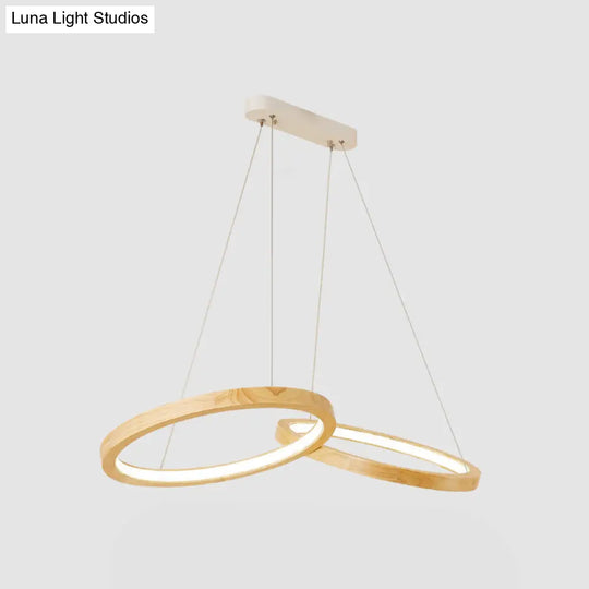 Modern Led Wooden Ring Chandelier Light - Beige For Dining Room