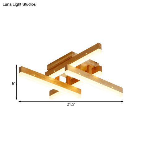 Modern Linear Wood Semi Flush Mount Ceiling Light Fixture - 4 Led Beige Lights In White/Warm Wide