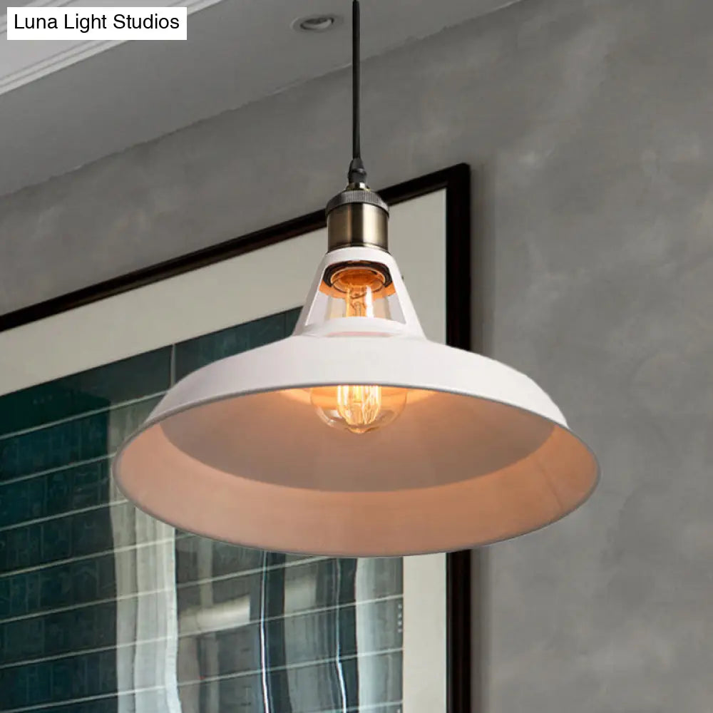 Industrial Loft Barn Pendant Ceiling Light - 1 Bulb Metallic Hanging Lamp In Black/White Choose Size