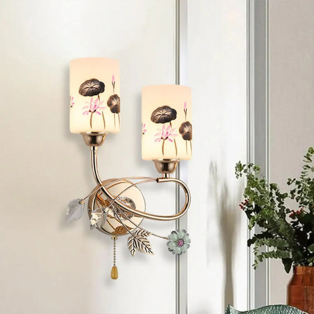 Modern Lotus Glass Wall Sconce With Gold Finish And Pull Chain - 2 Head Cylinder Lamp