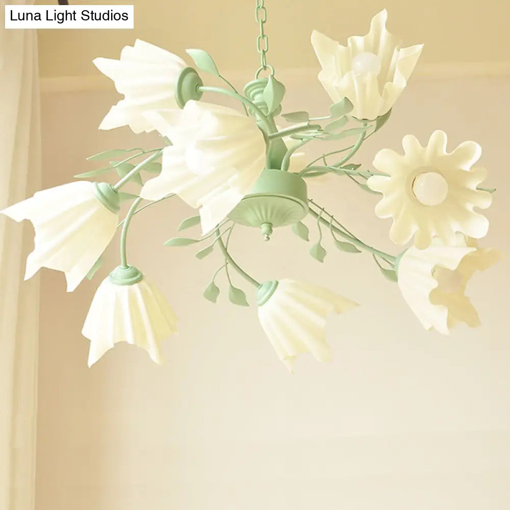 Modern Metal 9-Bulb Green Flower Chandelier Pendant Light For Living Room