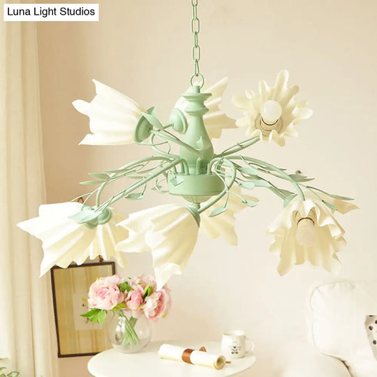 Modern Metal 9-Bulb Green Flower Chandelier Pendant Light For Living Room