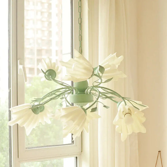 Modern Metal 9-Bulb Green Flower Chandelier Pendant Light For Living Room