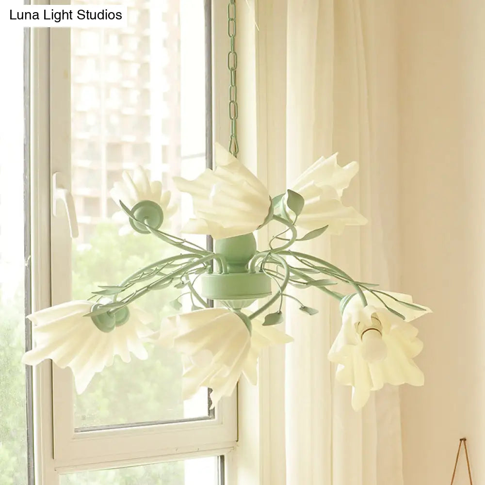 Modern Metal 9-Bulb Green Flower Chandelier Pendant Light For Living Room