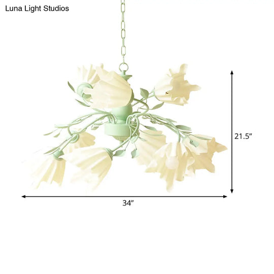 Modern Metal 9-Bulb Green Flower Chandelier Pendant Light For Living Room