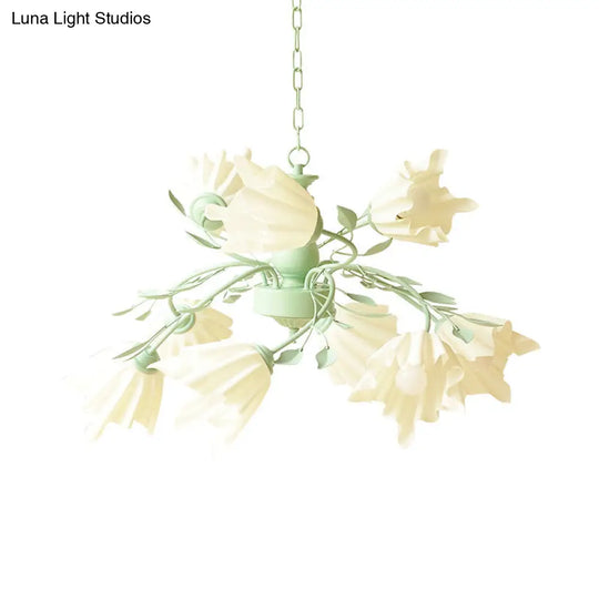 Modern Metal 9-Bulb Green Flower Chandelier Pendant Light For Living Room