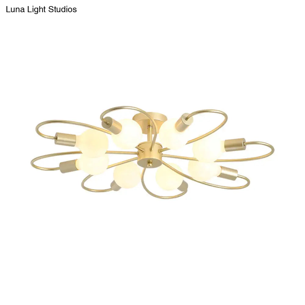 Modern Metal Brass Semi Flush Mount Light For Living Room - Open Bulb Design Ceiling Fixture