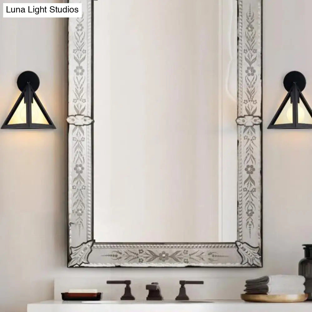 Modern Metal Caged Wall Light With Triangle Shade - Loft Style Bedroom Lamp Black