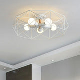 Modern Metal Ceiling Light Fixture For Bedroom - Pentagram Cage Semi Flush Mount Lamp With 5 Bulbs
