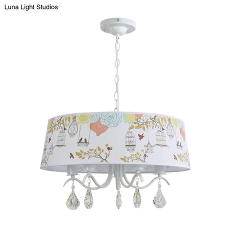 Modern Metal Chandelier With Drum Shade And Clear Crystal Accents White Pendant Light For Dining