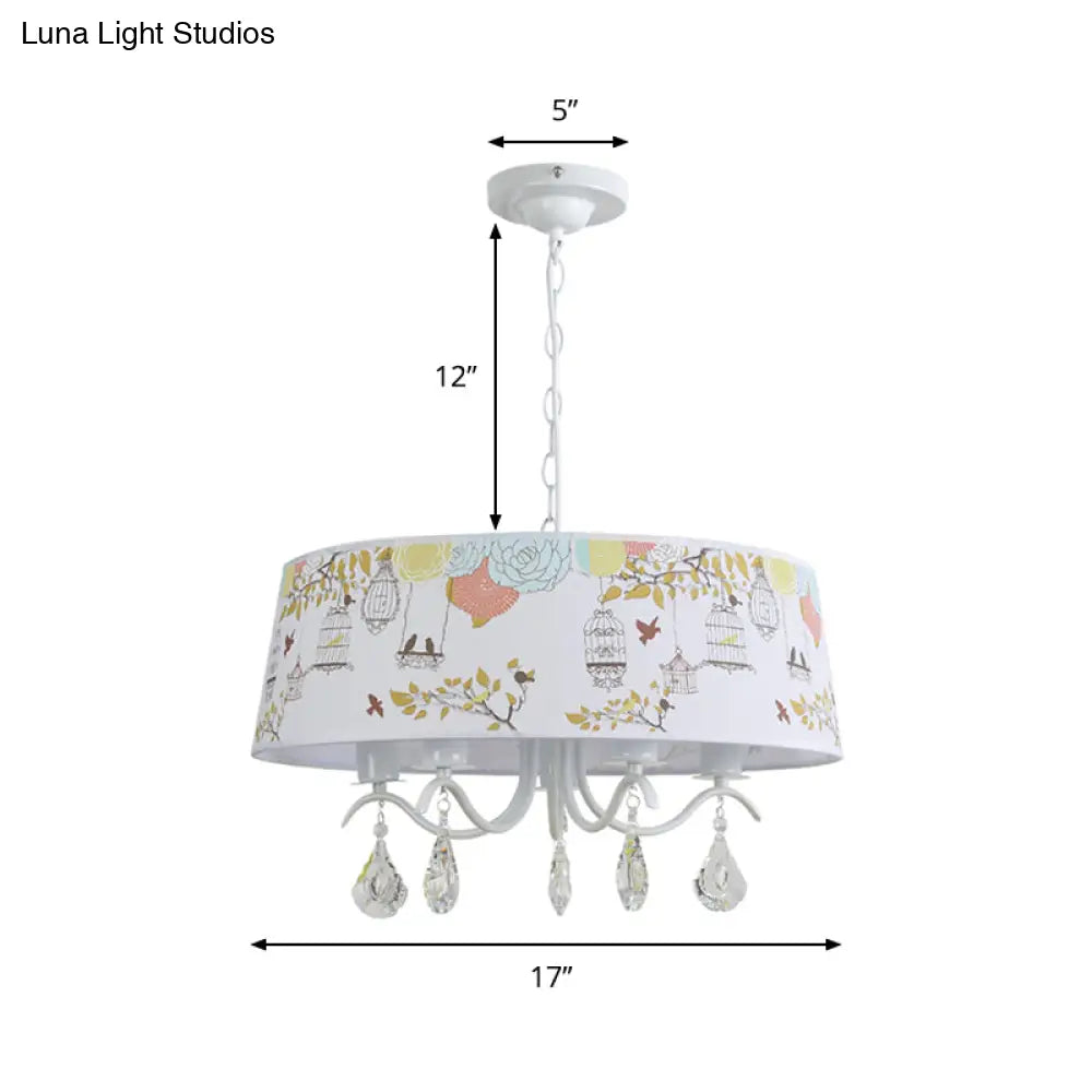 Modern Metal Chandelier With Drum Shade And Clear Crystal Accents White Pendant Light For Dining