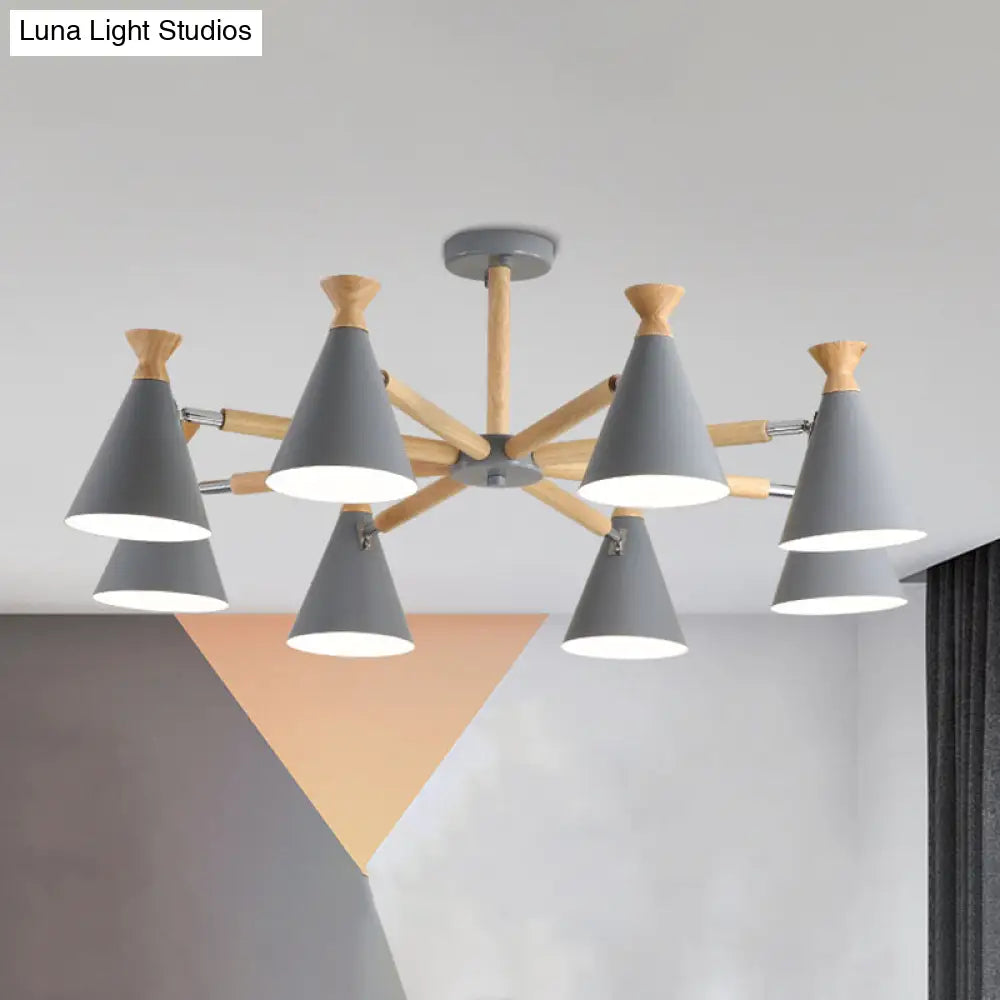 Modern Metal Cone Chandelier With 8 Bulbs - Stylish Pendant Light Fixture For Living Room Wood Cork