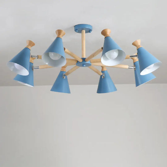 Modern Metal Cone Chandelier With 8 Bulbs - Stylish Pendant Light Fixture For Living Room Wood Cork