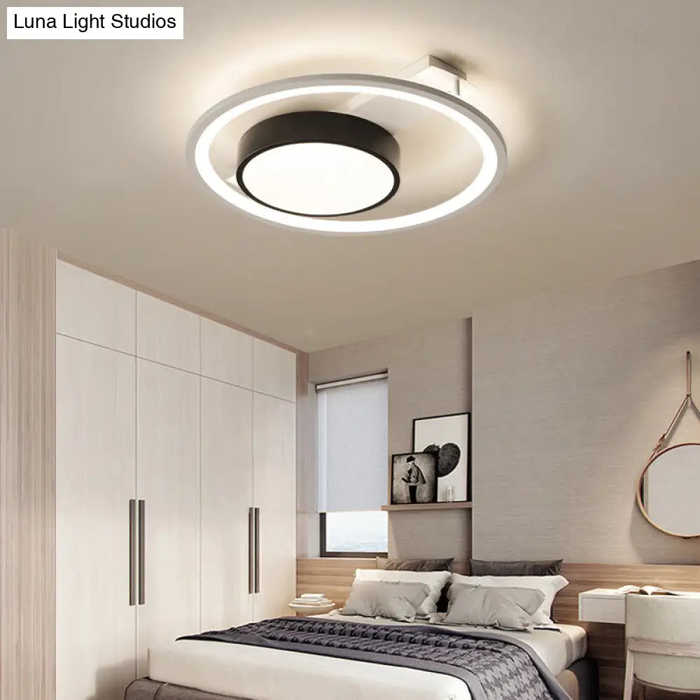 Modern Metal Drum Ceiling Light Fixture - Black And White Led Flush Mount 16/19.5 Wide
