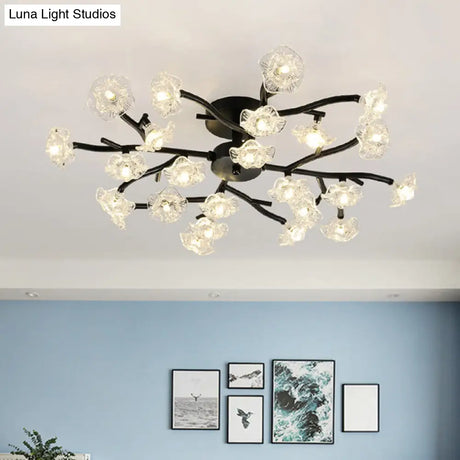 Modern Metal Flower Semi Flush Mount Ceiling Light In Black For Living Room