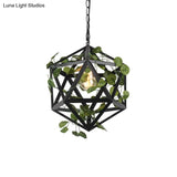 Modern Metal Geometric Pendant Light With Fake Vine Ideal For Restaurants Ceiling Mount Black Finish