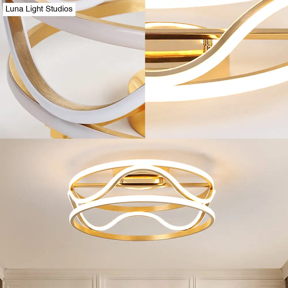 Modern Metal Gold Drum Flush Mount Ceiling Light Led Fixture For Bedroom Warm/White 18/23.5 Width