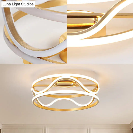 Modern Metal Gold Drum Flush Mount Ceiling Light Led Fixture For Bedroom Warm/White 18/23.5 Width
