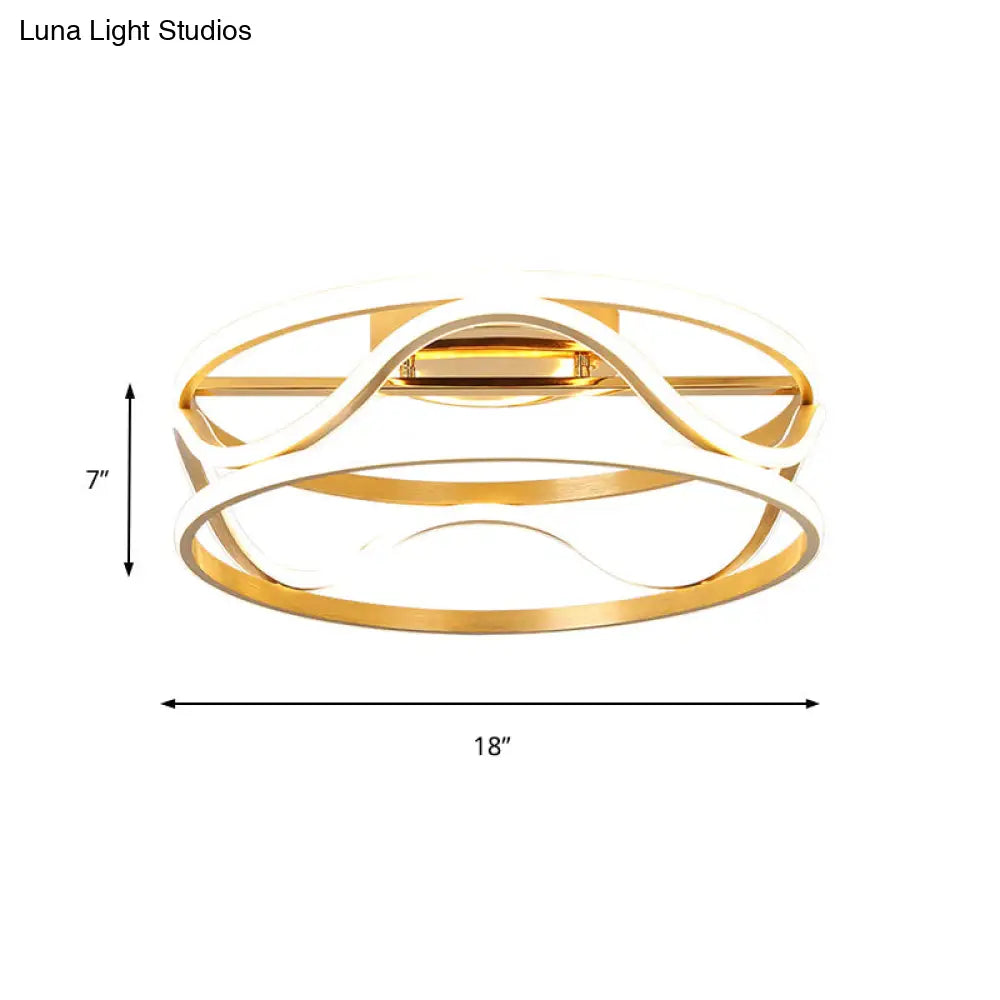 Modern Metal Gold Drum Flush Mount Ceiling Light Led Fixture For Bedroom Warm/White 18/23.5 Width