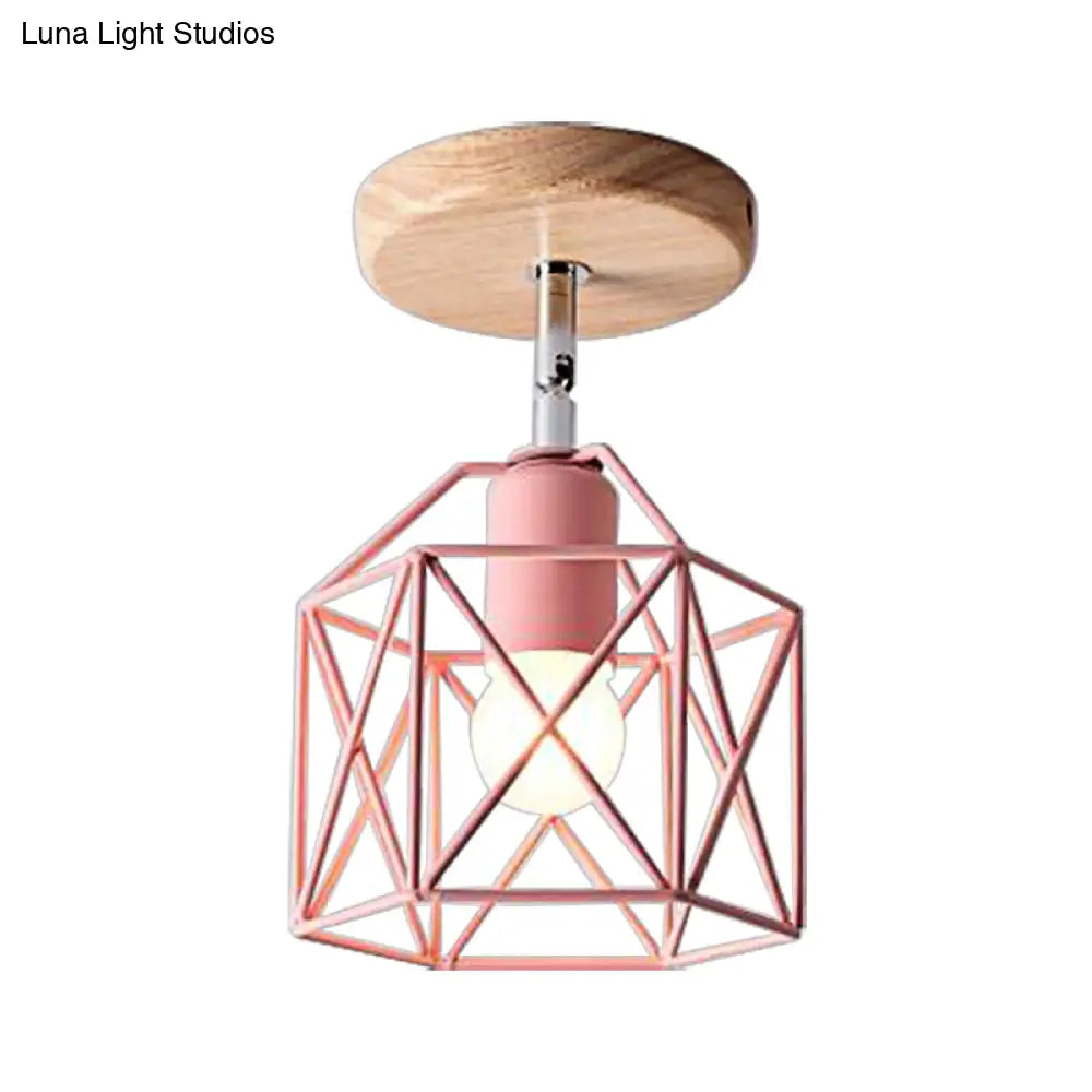 Modern Metal Hexagon Ceiling Light - Gray/White/Pink/Yellow/Blue/Green Semi Flush Mount For Bedroom