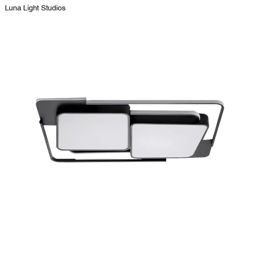 Modern Metal Led Flush Ceiling Light For Living Room - Rectangular White/Black Fixture With Warm