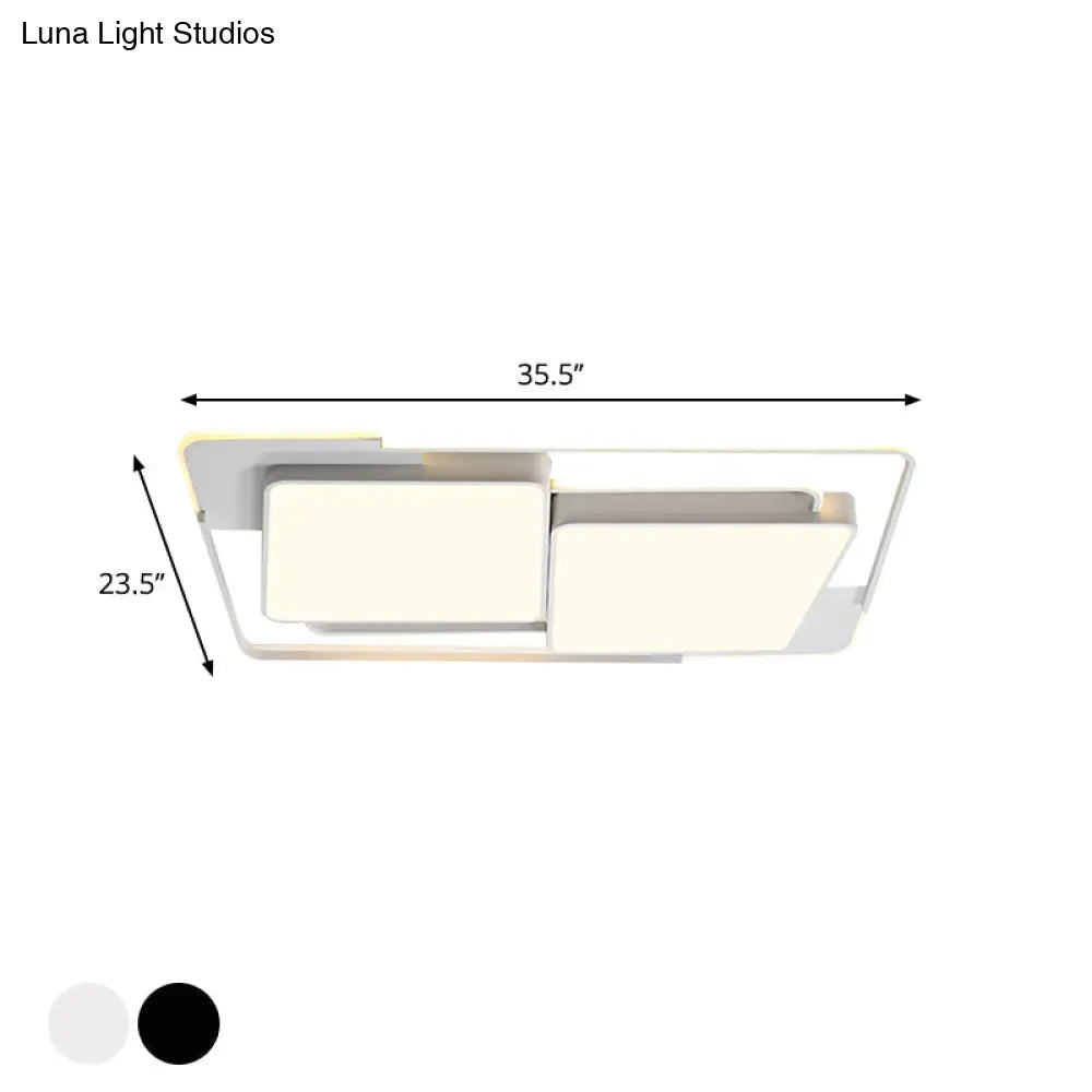 Modern Metal Led Flush Ceiling Light For Living Room - Rectangular White/Black Fixture With Warm