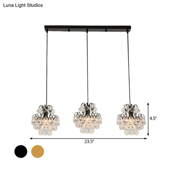 Modern Metal 3-Bulb Pendant Lamp With Clear Crystal Balls - Round/Linear Canopy Black/Gold Finish