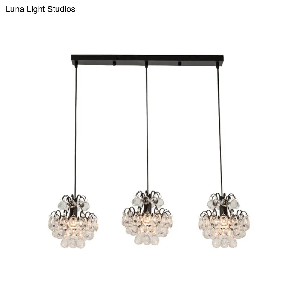 Modern Metal Pendant Light With Clear Crystal Balls And 3 Bulbs - Round/Linear Canopy Black/Gold